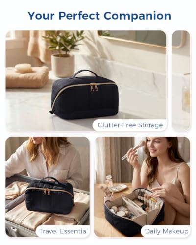 Makeup Bag for Women, Open Flat Puffy Organizer with Wipe-Clean PVC Lining - color: Black
