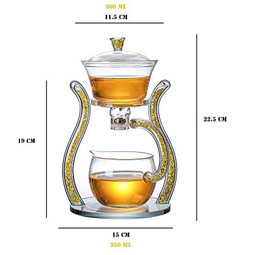 RORA Glass Teapot Set Semi Automatic Drip Rotating with Infuser Lazy Kungfu Tea pot Set (Yellow) - color: Gold, size: teapot