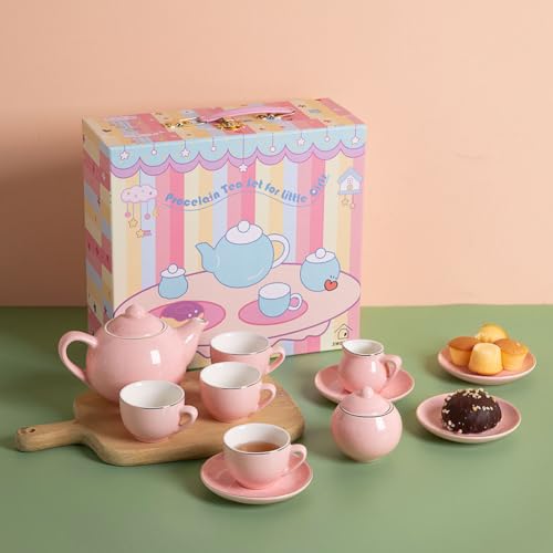 Sweejar Porcelain Tea Set for Little Girls,Kitchen Toys Tea Party Set for Kids Toddler Kitchen Pretend Toy Include Children Teapot, Cup & Saucer Set of 4, Sugar Bowl and Cream Pitcher(Pink Polka Dot) - color: Pink, style: Polka Dot