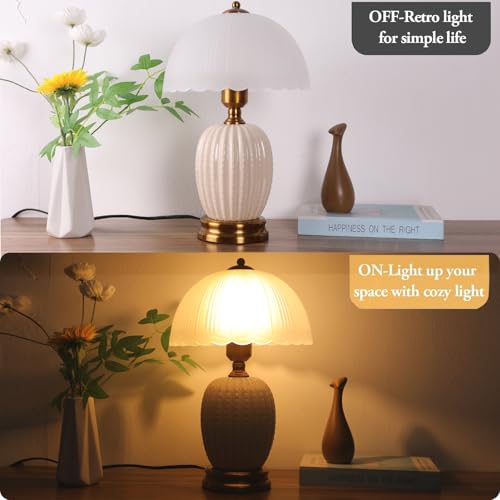 Ceramic Table Lamp Dimmable for Living Room, 16" Modern Vintage Bedside Nightstand Lamps with White Glass Shade,Classic Chinoiserie Retro Bedroom Lamp for Night Stands, Dorm,Office, Home Decor - color: White Pineapple