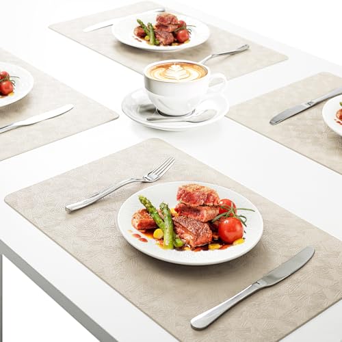 Beige Plastic Placemats Set of 8, Faux Leather Waterproof Table Mats - color: Beige