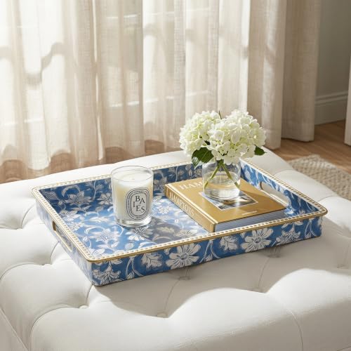 Rectangular Decorative Serving Tray with Handles,Vintage Blue White Floral Pattern Gold Trim Glossy Ottoman Coffee Table Tray,Multipurpose Vanity Tray for Jewelry Home Decor. 15.7" x 11.8" - color: Blue