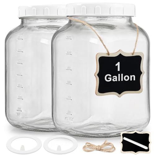 2 Pack Wide Mouth 1 Gallon Clear Glass Jar with Lid, Heavy Duty Airtight Screw Lid with Silicone Gasket - Large Mason Jar with 2 Scale Mark for Fermenting Kombucha and Storing Food(Extra 2 Gaskets) - size: 1 Gallon