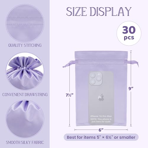 30Pcs Satin Gift Bags, 6x9 Purple Cloth Drawstring Pouch - color: Purple, size: 6×9 in