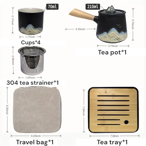 Portable Chinese Tea Set with Carry Bag - Black Complete Gongfu Teapot Set Includes Side Handle, 4 Black Cups, Tea Tray & Strainer, Artistic Travel Teapot Kit for Camping, Office, Home, Gift - color: Black Side-Handle Teapot Set