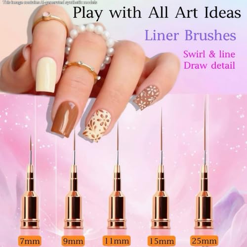 8Pcs Nail Art Brushes Set, 5 Art Liners & 3 Multi-Shape Gel Builder Brushes - color: Pink