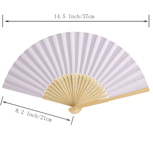 50pcs Paper Hand Fan with Organza Bags Bamboo Handheld Folding Fans DIY Decorative Wedding Party Favors (White) - color: White