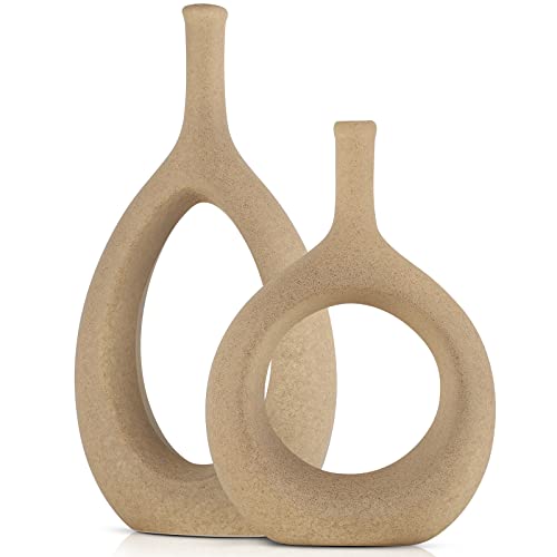 LCCCK Matte Beige Ceramic Vase, Tan Circle Vases with Hole, Neutral Rustic Centerpiece Table Decorations Flower Vase, Minimalist Vase Farmhouse Dinner Decor - color: A