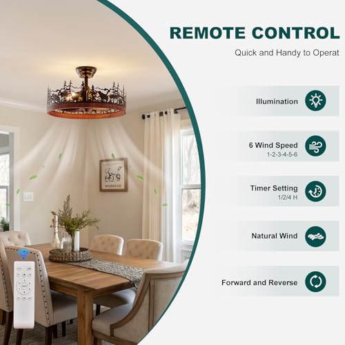 21 Inch Flush Mount Farmhouse Ceiling Fan with Light and Remote, Rustic Walnut Wood Grain Bladeless Fandelier Chandeliers Fan, Forest Ceiling Fan for Living Room, Bedroom - color: Black & Walnut Wood Grain