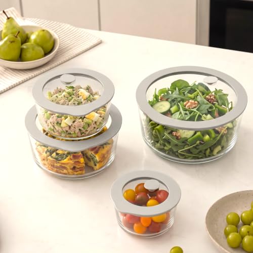 Glass Food Containers with Glass Lid, Microwave Safe Food Storage Container, Large 4 Pack Round Shape, Food Containers with Lids, Meal Prep containers with Leak Proof Lid. - color: Grey-4R