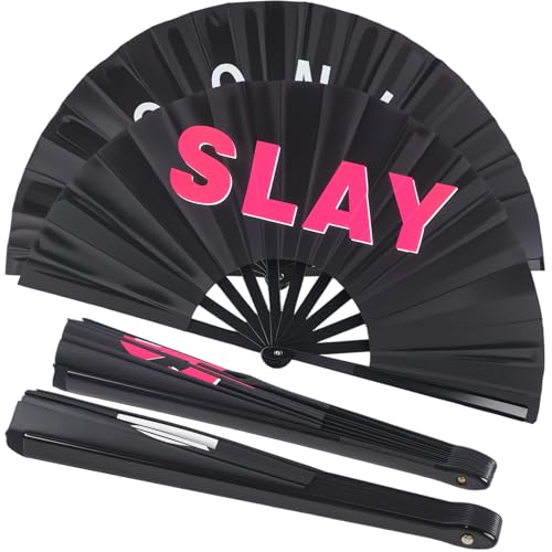 2 Pack Large Folding Hand Fan Men/Women Rave Fan, Chinese Kung Fu Tai Chi Hand Fan Black Vintage Foldable Hand Fans for Dancing, Festival, Gift, Home Decorations(Iconic & SLAY) - color: Iconic & SLAY