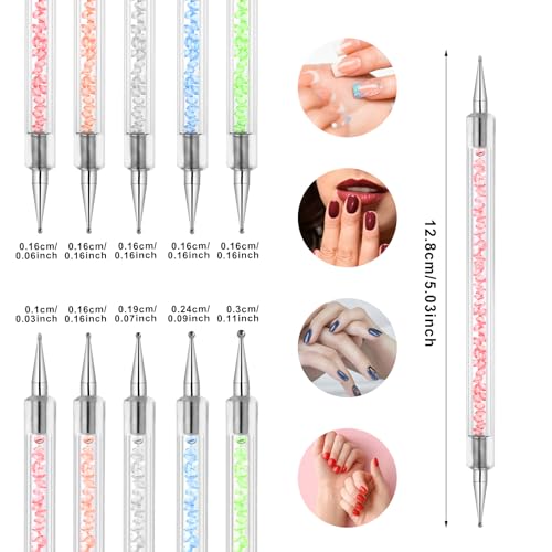 10PCS Nail Art Gel Carving Pen Acrylic Nail Dotting Pen Rhinestone Handle Double-Ended Silicone Nail Art Pen Brushes for Design Nail Foil Carving Drawing and 3D Effect Shaping Drawing Dotting Tools - color: 10 pcs style A