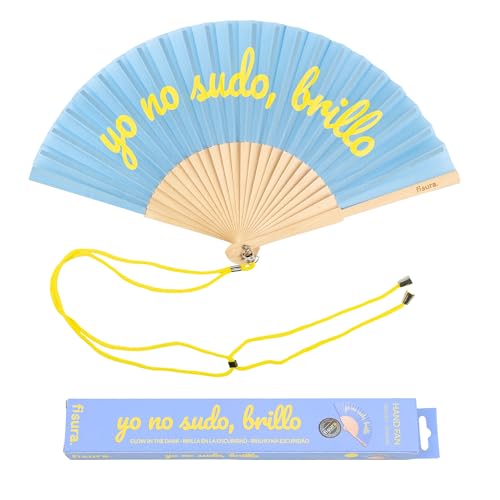 Fisura – Original Folding Fan with Message “Yo no sudo, Brillo”. Wooden Handheld Fan for Women. Glow in the Dark Accessory for Raves, Weddings, Birthdays, Festivals, Parties and Creative Gift Ideas. - color: Brillo, Blue (Glow in the Dark)