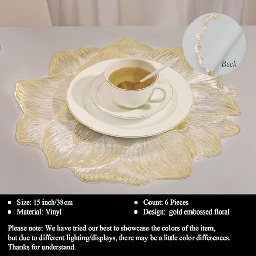 Gold Placemats Set of 6, Creative 3D Flower Placemats Waterproof Oil-Proof - color: Gold Flower