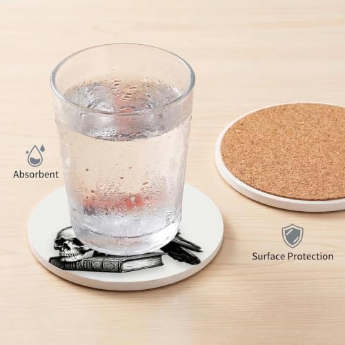 Nikyi 6 Pcs Crow Skull Art Ceramic Coasters, Round Absorbent Drink Coaster with Metal Holder and Cork Base, Black Raven Gothic Coaster for Coffee Table Kitchen Office Home Decor Gifts - color: Crow