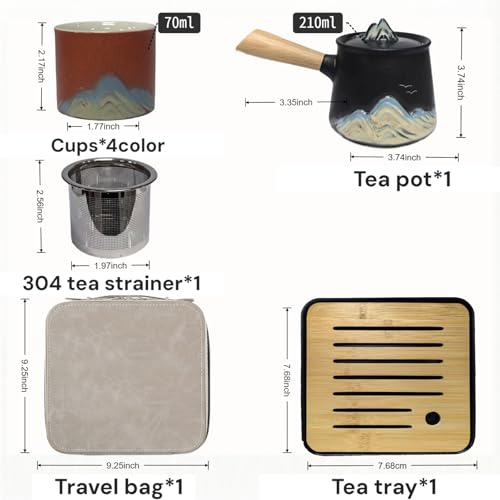 Portable Chinese Tea Set with Carry Bag - Black Complete Gongfu Teapot Set Includes Side Handle, 4 Color Cups,Tea Tray & Strainer, Artistic Travel Teapot Kit for Camping, Office, Home & Gifts - color: Black Side-Handle Teapot & 4-Color Teacups