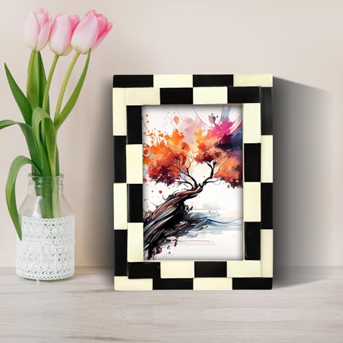 Handicrafts Home 4x6 Black & White Picture Frame – Handmade Bone Inlay Photo Frame from Silhouette Shuffled Collection, Checkered Geometric Design, Frame for Wall & Tabletop, Boho Home Decor & Gift - color: SILHOUETTE-SHUFFLED, size: 4X6