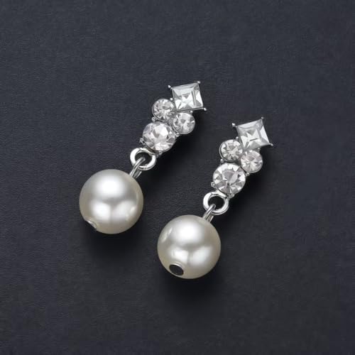 Pearl Bride Wedding Jewelry Set Faux Pearls Crystal Rhinestone Necklace Earrings Bracelet Sets for Women Bridesmaid(3 PCS) - color: Silver - White Pearl