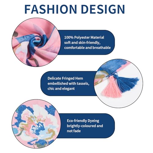QIUTIMIY Scarf for Women Lightweight Soft Floral Leopard Printed Scarves Fall Winter Fashion Shawl Wrap with Fringe - color: Flower-pink Blue