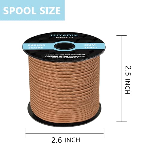 Paracord 240lb - Diameter 2mm Micro Utility Cord -3 Strand Parachute Spool Cord - 100ft 200ft,Paracord for Camping,Hiking,Fishing,Outdoor and DIY - color: Brown, size: 100 ft