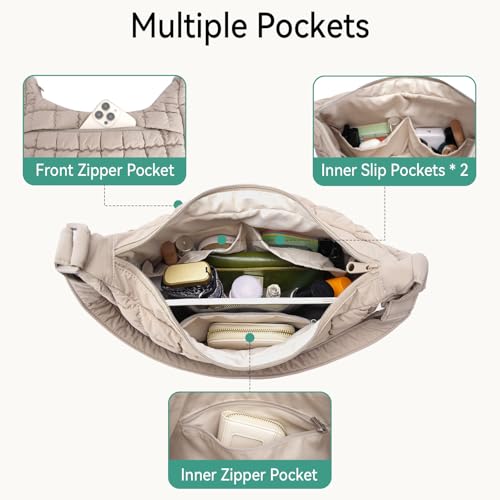 Puffer Crossbody Hobo Bag for Women Nylon Quilted Purse Lightweight Shoulder Handbag with Adjustable Strap - color: 01-gray Brown