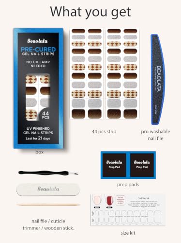 Real Gel Nail Strips (No UV Light Needed) - 44Pcs Salon Quality Nail Stickers - Long Lasting Polish Wraps for Women, Easy Apply & Remove (Brown Check) - color: Brown Check Sparkle