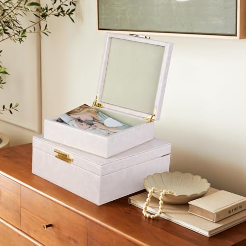 HofferRuffer Square Decorative Boxes, Set of 2 Nesting Storage Memory Keepsake Boxes with Lids, Stylish PU Leather Trinket Jewelry Organizer Box for Home Decor and Storage (CreamWhite Croco) - color: CreamWhite Croco