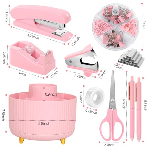 SKYDUE Pink Desk Accessories 11Pcs with Rotating Pen Holder for Desk - color: Pink