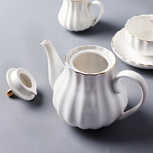 Porcelain Tea Sets British Royal Series, 8 OZ Cups& Saucer Service for 6, with Teapot Sugar Bowl Cream Pitcher Teaspoons and tea strainer for Tea/Coffee, Pukka Home (Pure White) - color: White