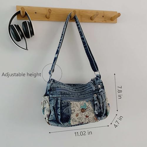 Black Denim Purse Crossbody Bags, Boho Hobo Crossbody Bags for Women, Casual Hippie Travel Purse with Lots of Pockets - color: Dark Blue