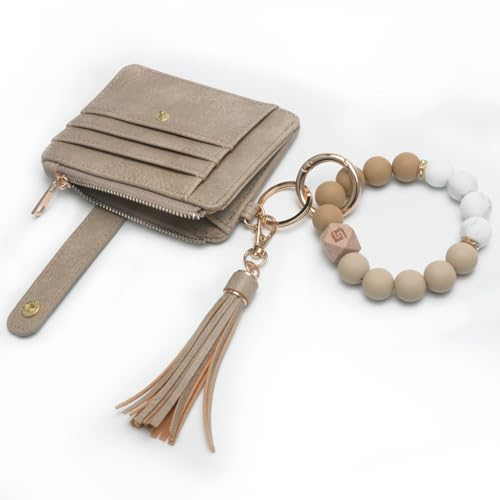 COOLANS Silicone Bracelet Wristlet Wallet Credit Card Holder RFID ID Window Key Ring Tassel Slim Wallet Women Keychain Purse - color: Brown