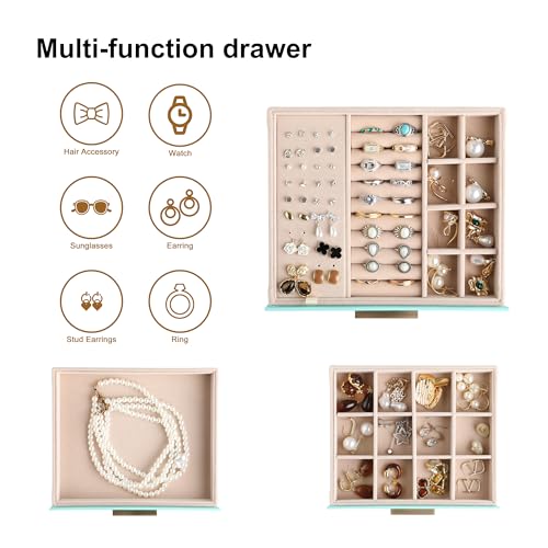 Frebeauty Jewelry Box for Women,Clear Lid Jewelry Organizer with 3 Drawers - color: Turquoise, size: 3 Drawer