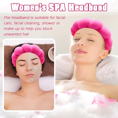 Zkptops Spa Headband for Washing Face Wristband Set Sponge Makeup Skincare Terry Cloth Bubble Soft Get Ready Hairband for Women Girl Puffy Padded Headwear Non Slip Thick Hair Accessory(Hot Pink) - color: YP Hot Pink