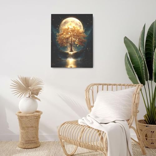 Golden Tree Wall Art Fantasy Tree with Moon and Waterfall Canvas Wall Decor Pictures Paintings Prints Mystical Nature Artwork Framed De corations For Meditation Space Bathroom Bedroom Living Room Office Gifts 16" x 20" - color: Golden Tree, size: 20"L x 1
