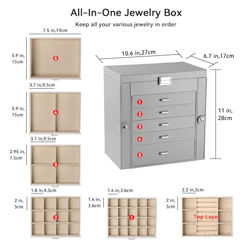 Frebeauty 6-Layer Jewelry Box for Women,Large Jewelry Organizer with Drawer - color: Grey, size: Large