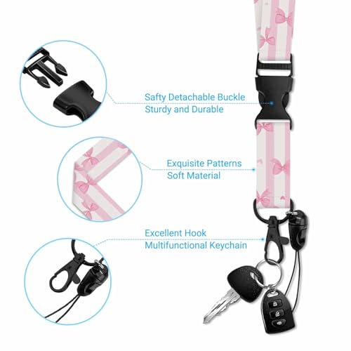 Lanyard with ID Holder Pink Bow Knot Pink White Strip Romatic Style ID Badge Holder for Student Nurse Worker 7x11 cm - color: Pink Bow Knot