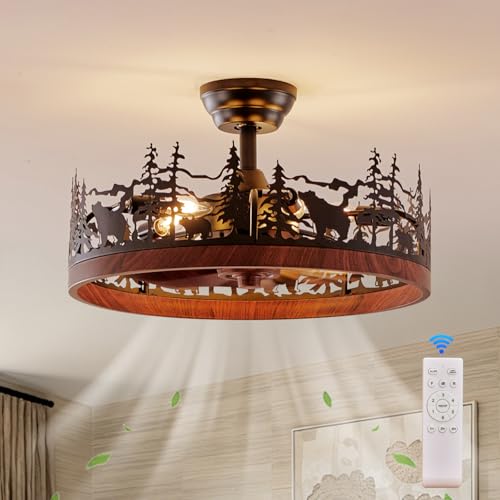 21 Inch Flush Mount Farmhouse Ceiling Fan with Light and Remote, Rustic Walnut Wood Grain Bladeless Fandelier Chandeliers Fan, Forest Ceiling Fan for Living Room, Bedroom - color: Black & Walnut Wood Grain