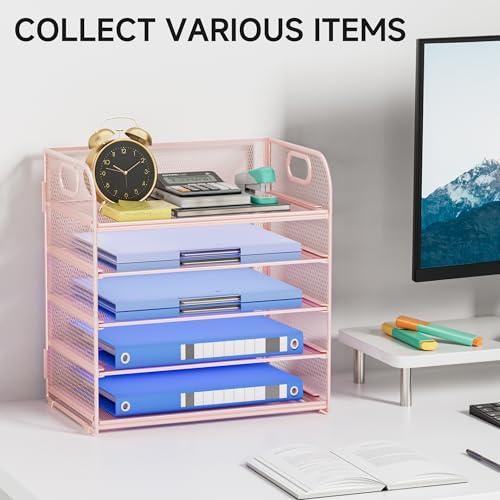 5-Tier Stackable Paper Organizer with Handle, Pink - color: Pink, size: 12.6" x 9.1" x 13.4"