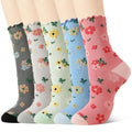 5/6 Pair Crew Socks for Women Floral Socks - color: Black, Blue, Light Red, Gray, Green