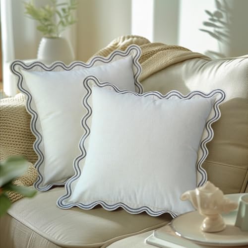 TINYSUN Scalloped Decorative Throw Pillow Covers - Set of 2, Double-Sided Embroidered Scallop Design, Premium Winter Cushion Covers for Living Room Sofa Couch Bed(Cream White,18x18 Inch) - color: Cream White