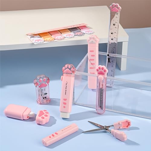 9 Pcs Cute Cat Paw Stationery Set Pencil Sharpener Retractable Eraser Correction Tape Sticky Notes Ruler Mini Scissors Utility Cutter School Office Supplies (Pink1)