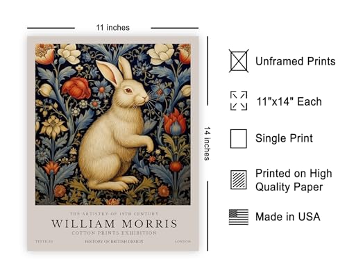 Poster Master White Rabbit Print - William Morris Poster - Flower & Animal Art - Botanical Exhibition Design - Floral Bunny Illustration - Great Office or Bedroom Decor - 11x14 UNFRAMED Wall Decor - color: Style-02, size: 11"L x 14"W