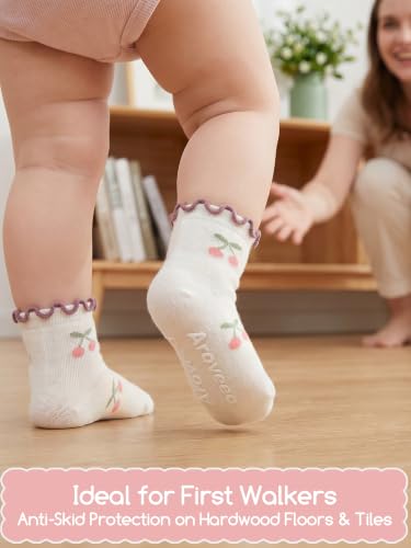 Aroveea Toddler Socks Non Slip Grip Baby Girls Kids Ankle Cute 12 Pack - color: Cream Ruffle, size: 1-3T
