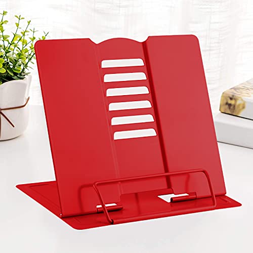 MSDADA Desk Book Stand Metal Reading Rest Book Holder Adjustable Cookbook Documents Holder Portable Sturdy Bookstands for Recipes Textbooks Tablet Music Books with Page Clips (Red) - color: Red