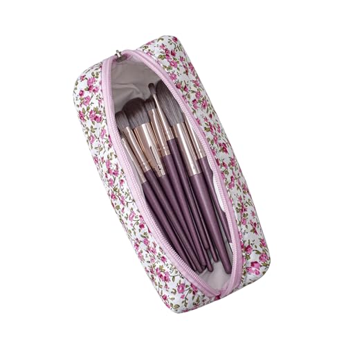 Cute Floral Cotton Makeup Brush Cosmetic Bag for Women, Travel Quilted Zipper Make Up Bag, Flowers Toiletry Organizer Case Kawaii Makeup Cosmetic Travel Cloth Pouch (Pink+Red Floral) - color: Two Pack: (Pink Floral+Red Floral)