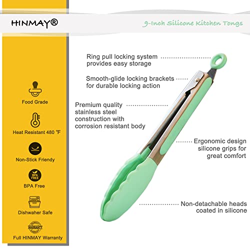 HINMAY 9-Inch Serving Tongs with Silicone Tips, Set of 3 (Mint Pink Yellow) - color: Mint Pink Yellow