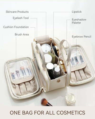 Prite Large Makeup Bag, Waterproof Travel Cosmetic Case with Brush Holder - color: Beige, size: Large