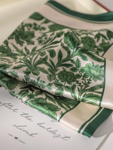FEIBOON Mulberry Silk Scarf 21"x21" Small Square Scarfs for Women - color: Green Leaves