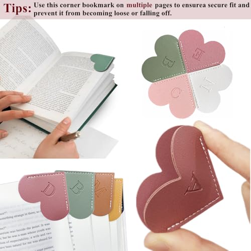 4Pcs Personalized Leather Heart Bookmark26 Letters Customized Corner Book Mark for Reading, Book Holder Markers with Initials Page Accessories Cute Gifts (Light Pink+Deep Pink+Green+Light Brown, A) - color: Light Pink+deep Pink+green+light Brown, size: A