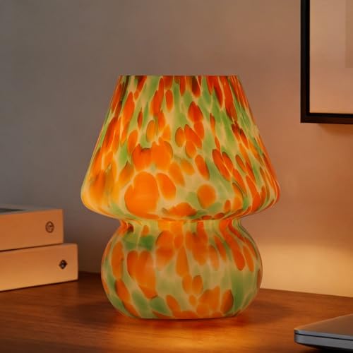Mushroom Lamp, Green&Orange, Small Glass Bedside Lamp - color: Green&Orange